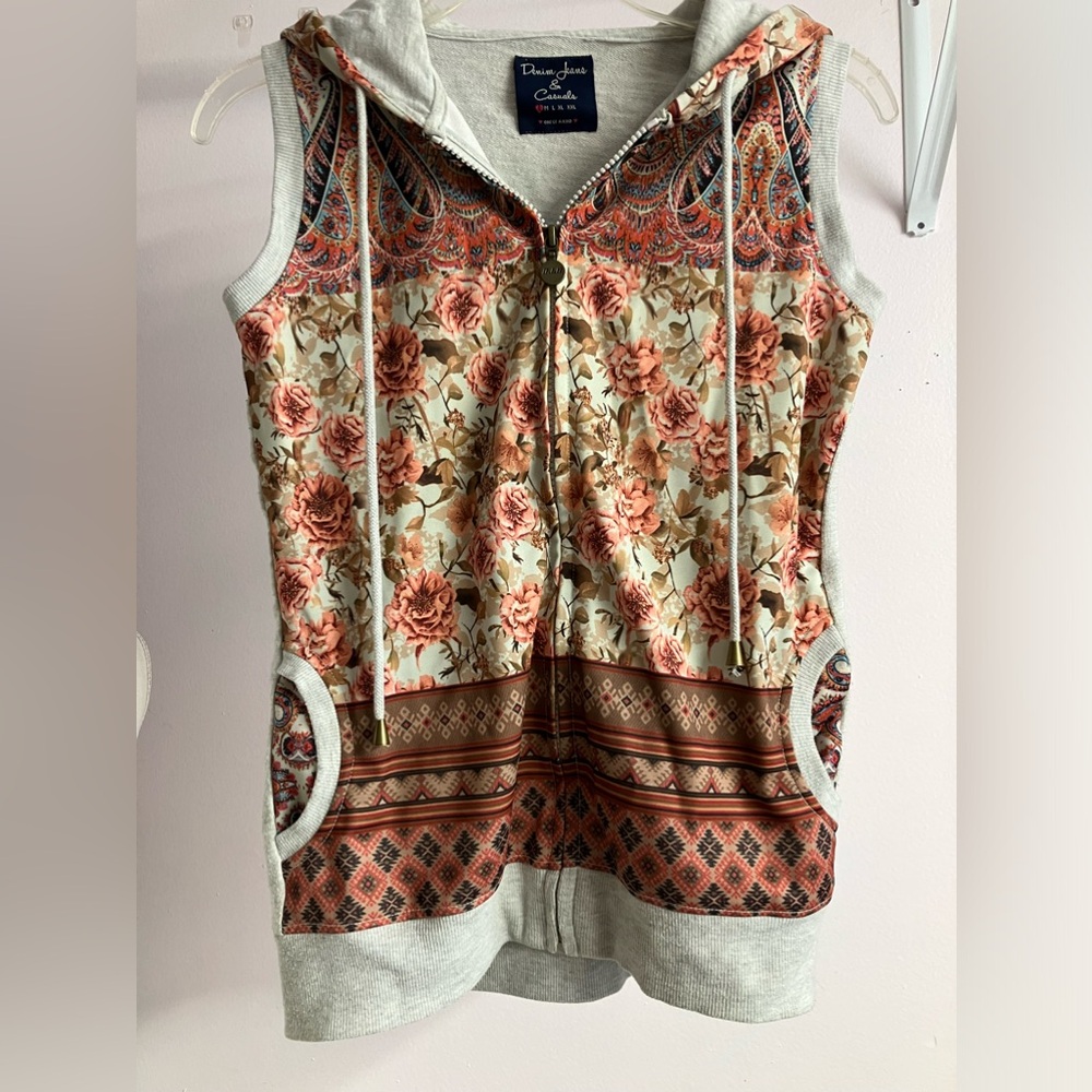 Gray and Brown Floral Print Hooded Vest
